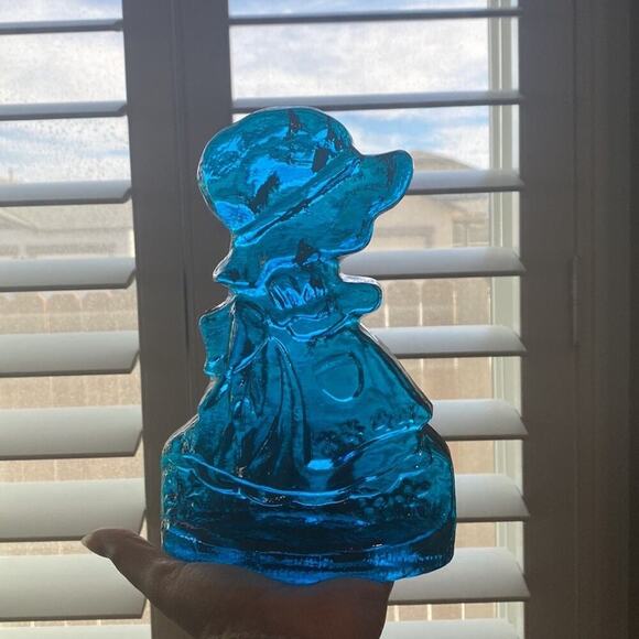 Vintage 1970's Glass Blue Holly Hobby Bookends Glass Figurine by L. E. Smith